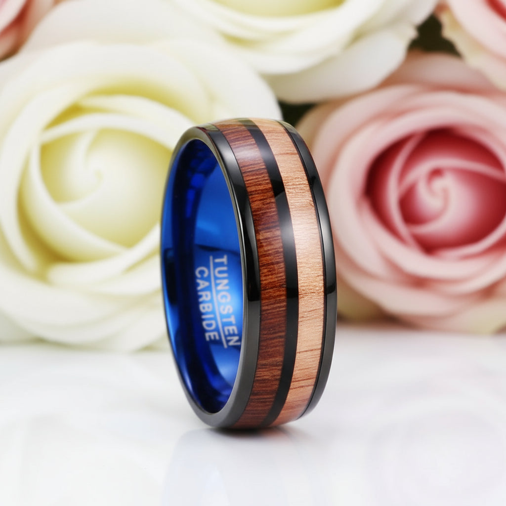 Black and Blue Dome Double Groove Acacia Wood Inlaid Tungsten Men's Ring-Black Diamonds New York