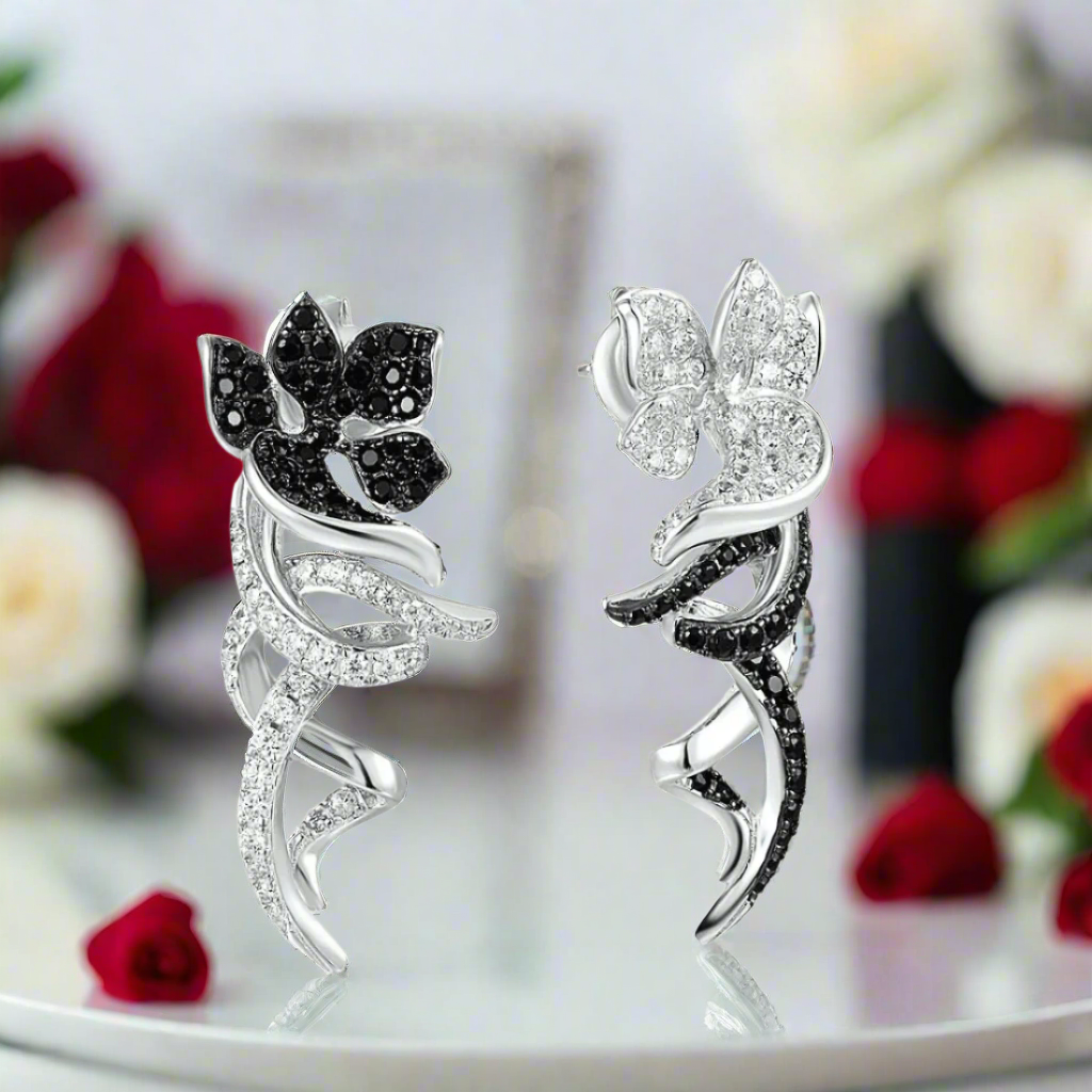 Black and White Diamond Flower Clip Earrings-Black Diamonds New York