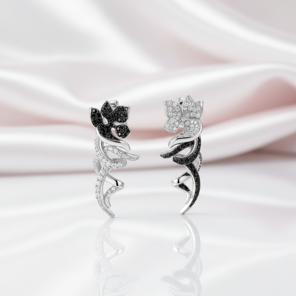Black and White Diamond Option Flower Clip Earrings-Black Diamonds New York