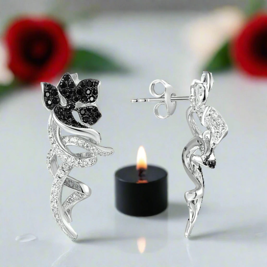 Black and White Diamond Flower Clip Earrings-Black Diamonds New York