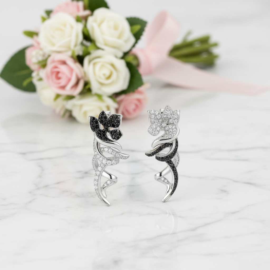 Black and White Diamond Option Flower Clip Earrings-Black Diamonds New York