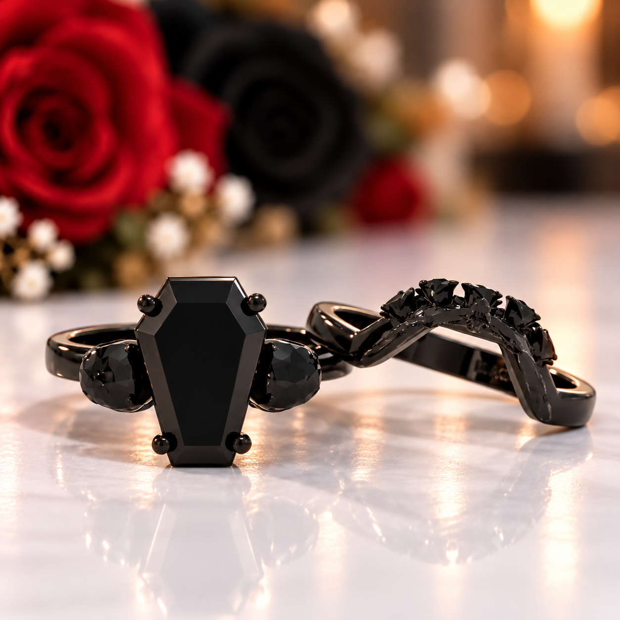 My Ever After Ring - Coffin Cut Diamond Option with Skulls, Bat and Roses Promise Ring-Black Diamonds New York