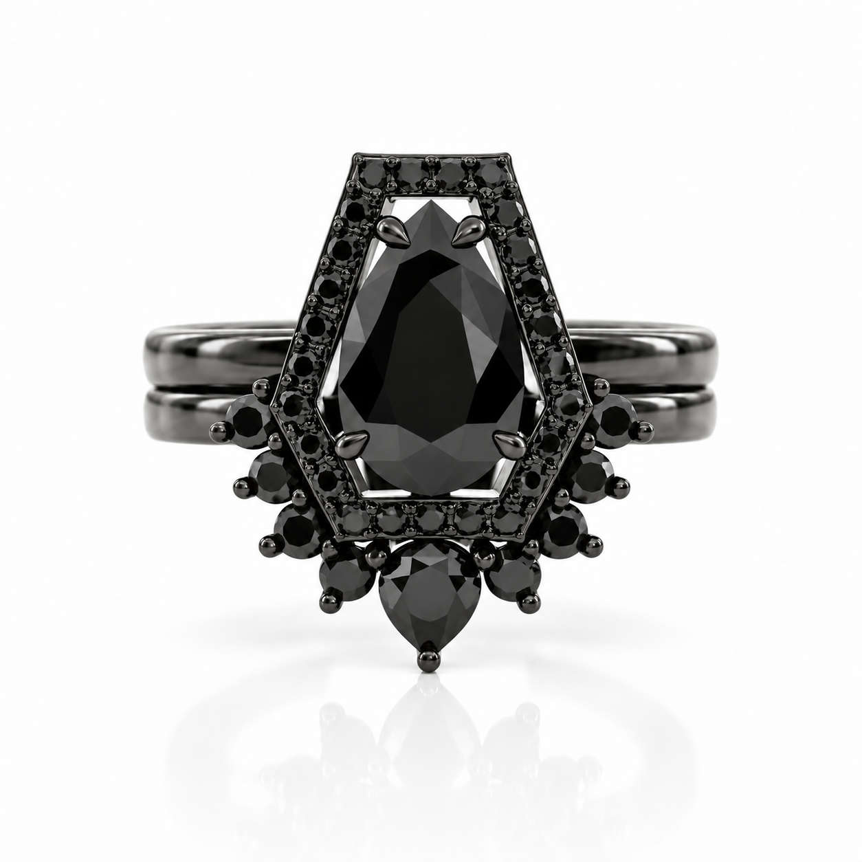 Faithfulness-1ct Black Pear Cut Diamond Option 14k White Gold Coffin Ring Set-Black Diamonds New York