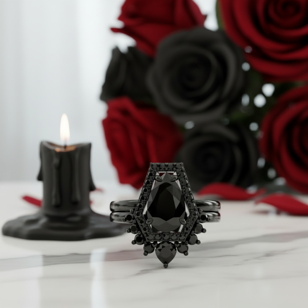 Faithfulness-1ct Black Pear Cut Diamond 14k White Gold Coffin Ring Set-Black Diamonds New York