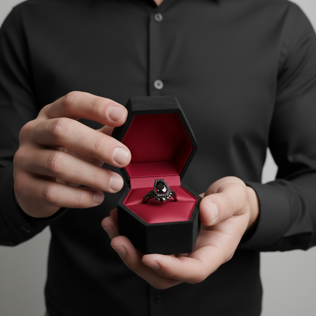 Faithfulness-1ct Black Pear Cut Diamond Option 14k White Gold Coffin Ring Set-Black Diamonds New York