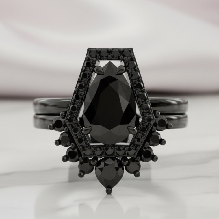 Faithfulness-1ct Black Pear Cut Diamond Option 14k White Gold Coffin Ring Set-Black Diamonds New York