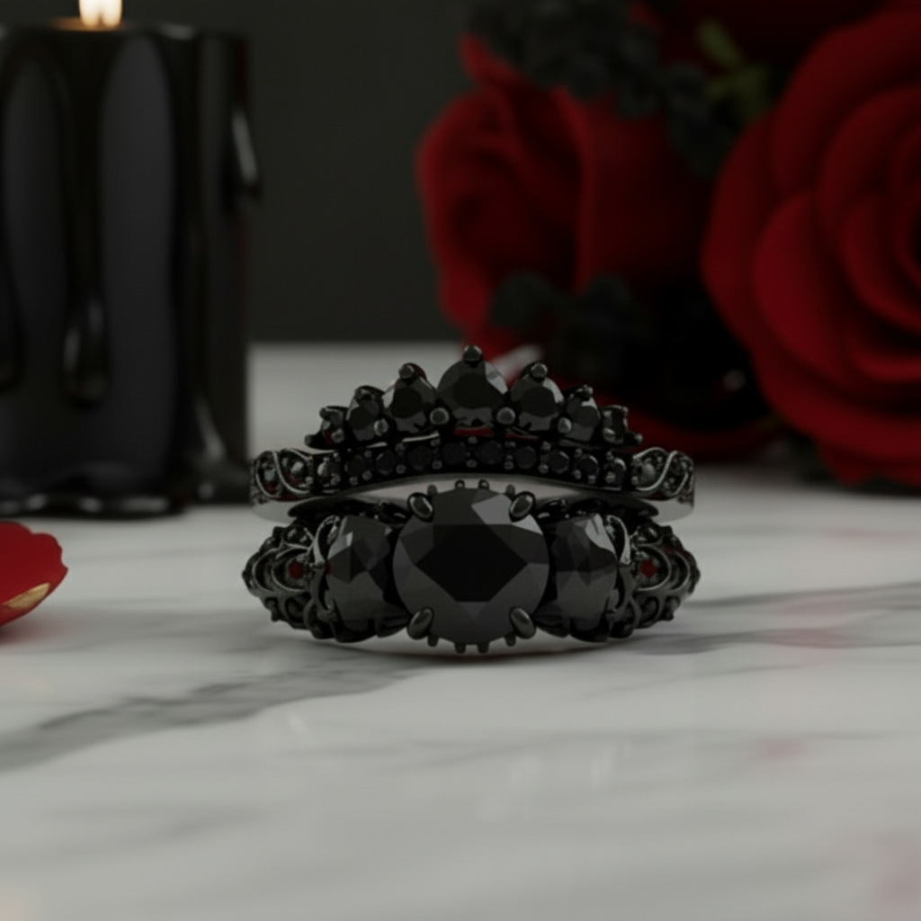 You're My Forever- 1.25 Carat Round Cut Diamond Skulls Promise Ring Set-Black Diamonds New York