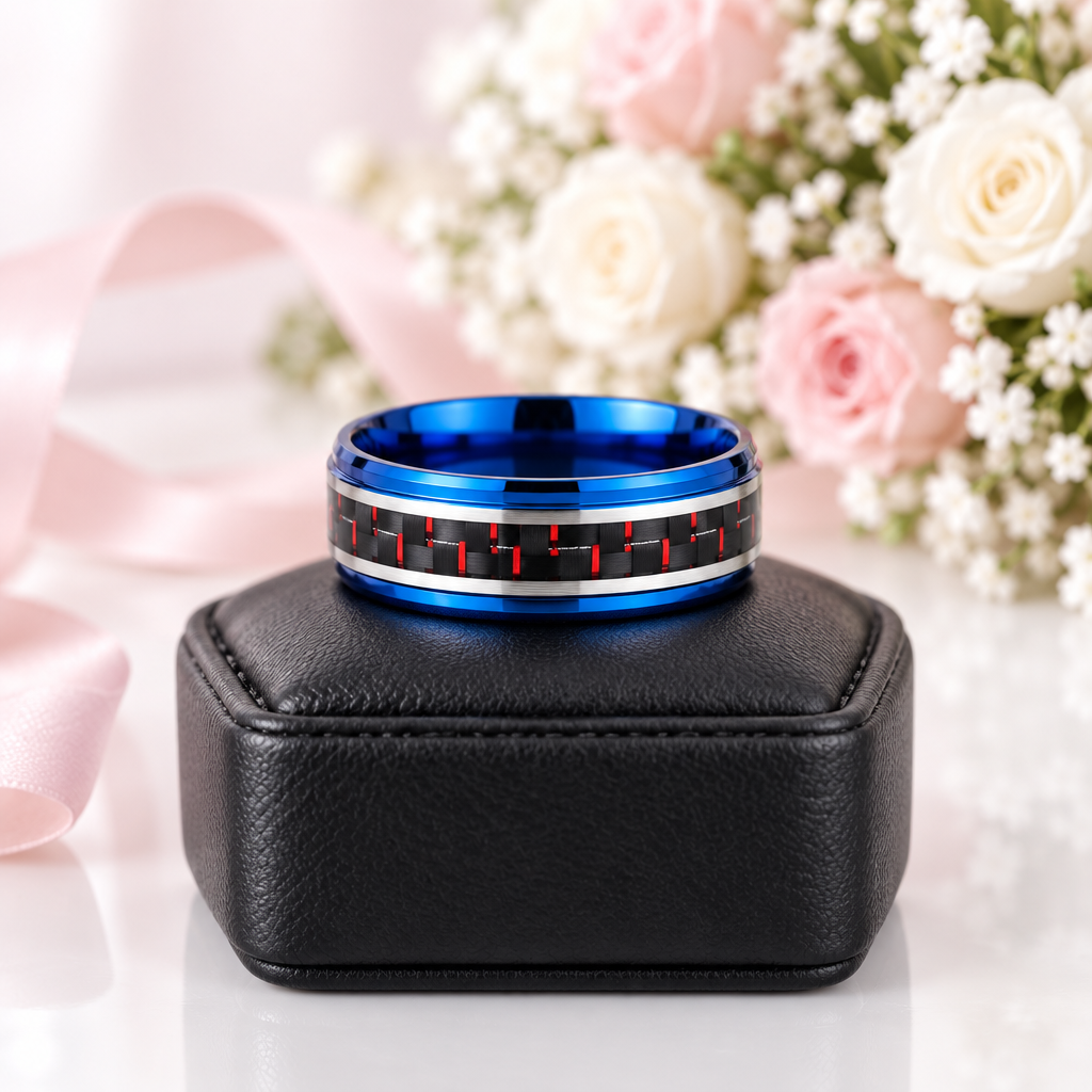 Blue Beveled Edge Tungsten Men's Ring with Red Carbon Fiber Inlay-Black Diamonds New York