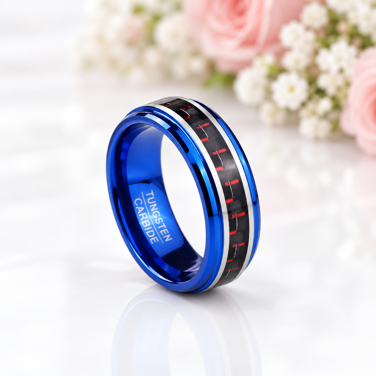 Blue Beveled Edge Tungsten Men's Ring with Red Carbon Fiber Inlay-Black Diamonds New York