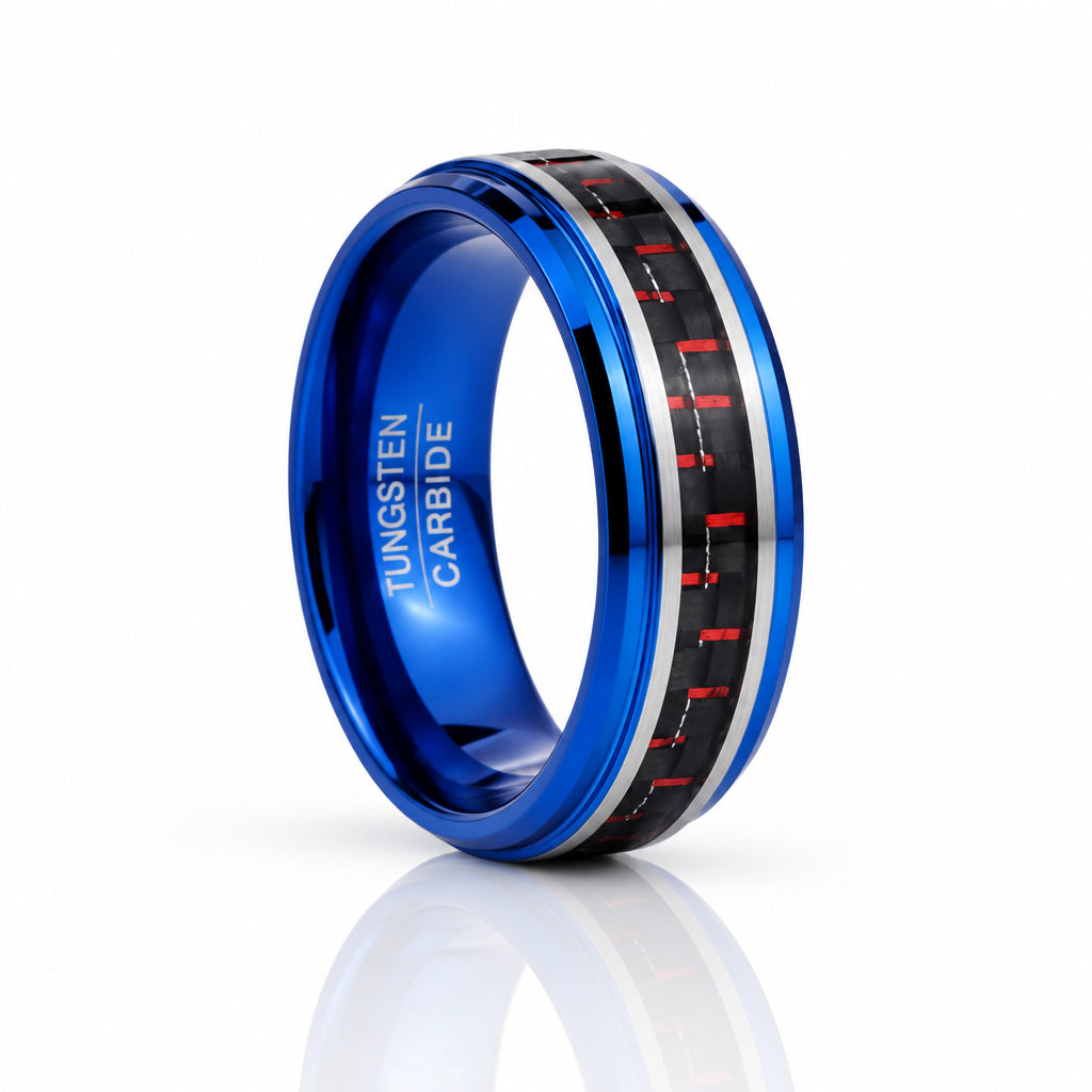 Blue Beveled Edge Tungsten Men's Ring with Red Carbon Fiber Inlay-Black Diamonds New York
