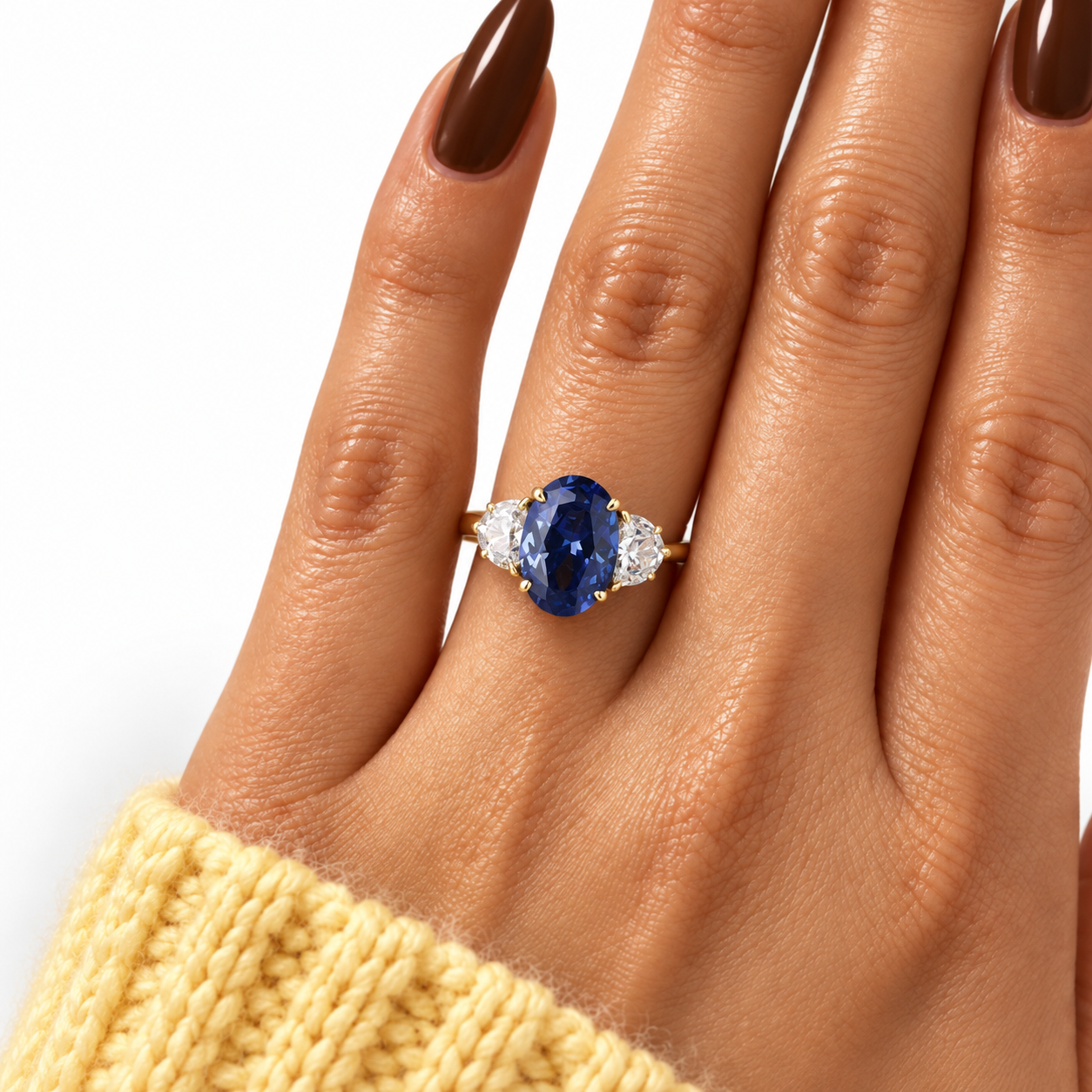 3.5ct Three Stone Blue Sapphire Oval Cut Yellow Gold Engagement Ring-Black Diamonds New York