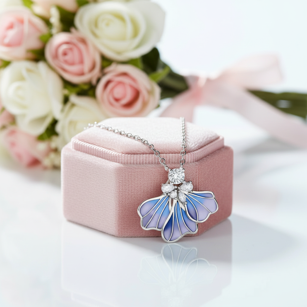 Blue Iris Floral Enamel Pendant Necklace-Black Diamonds New York