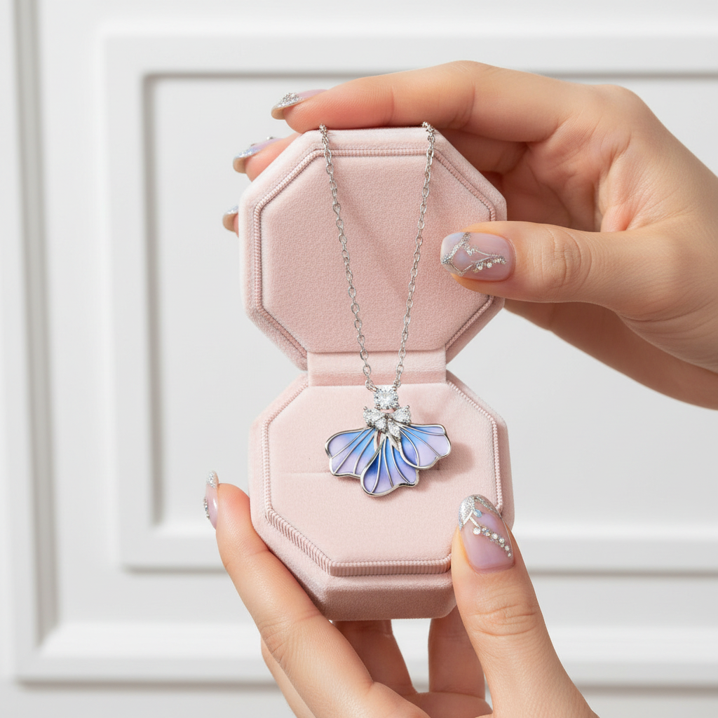 Blue Iris Floral Enamel Pendant Necklace-Black Diamonds New York