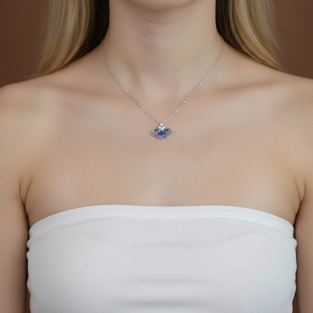 Blue Iris Floral Enamel Pendant Necklace-Black Diamonds New York