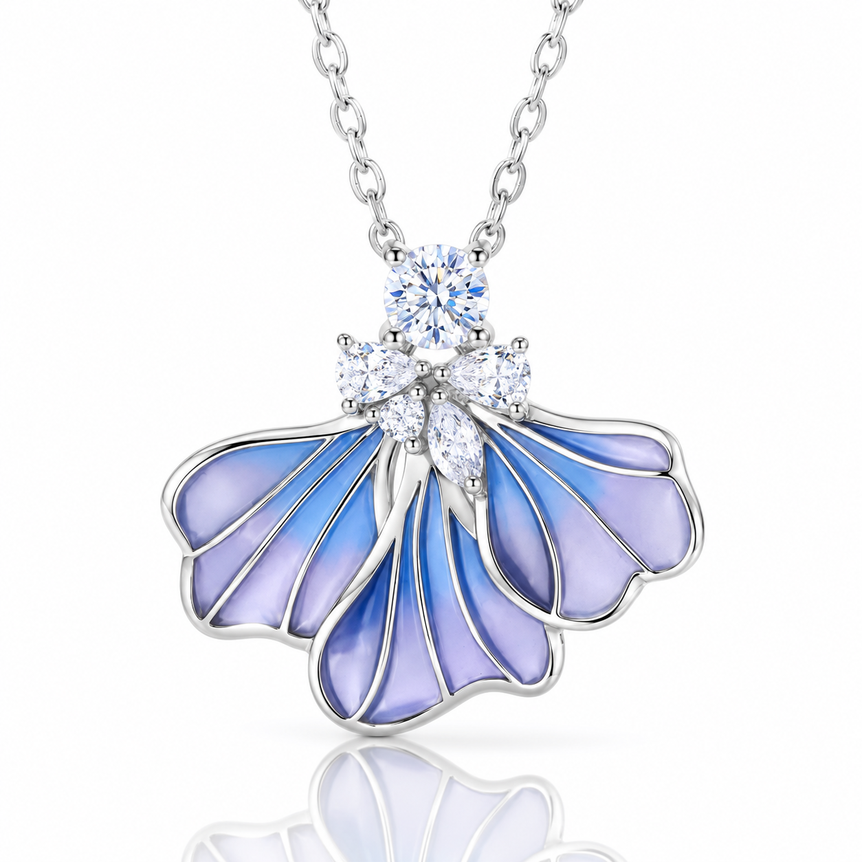 Blue Iris Floral Enamel Pendant Necklace-Black Diamonds New York