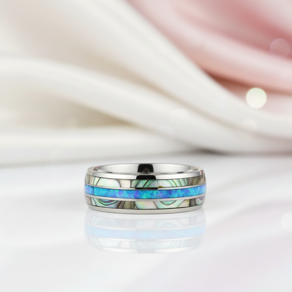 Blue Opal Men's Tungsten Carbide Wedding Band-Black Diamonds New York
