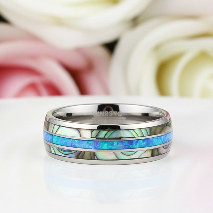 Blue Opal Men's Tungsten Carbide Wedding Band-Black Diamonds New York