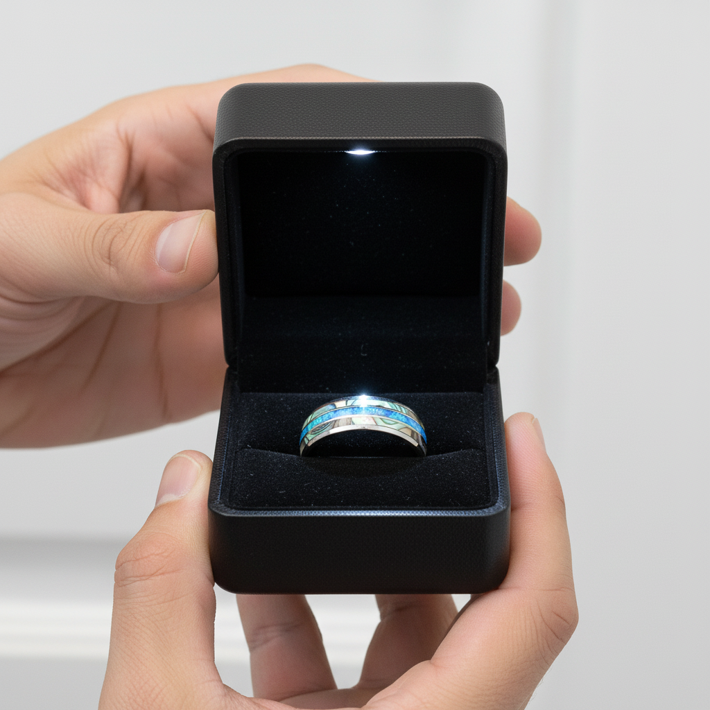Blue Opal Men's Tungsten Carbide Wedding Band-Black Diamonds New York