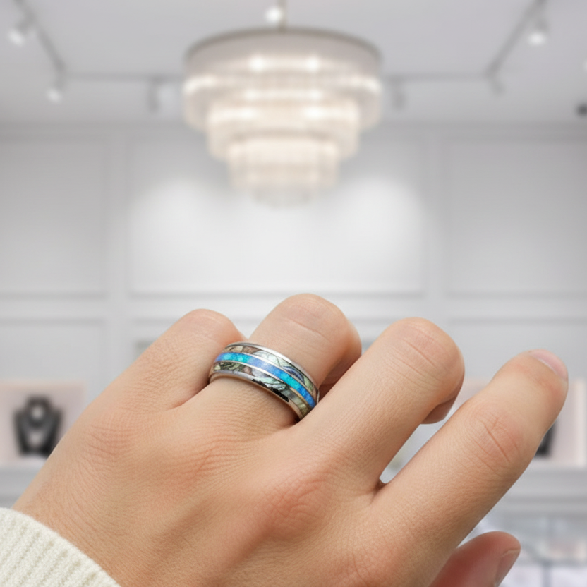 Blue Opal Men's Tungsten Carbide Wedding Band-Black Diamonds New York