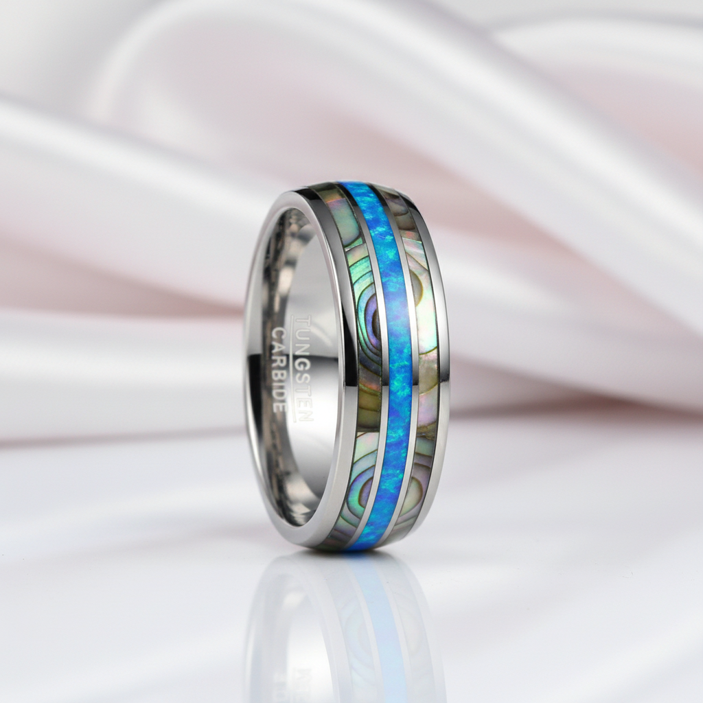 Blue Opal Men's Tungsten Carbide Wedding Band-Black Diamonds New York