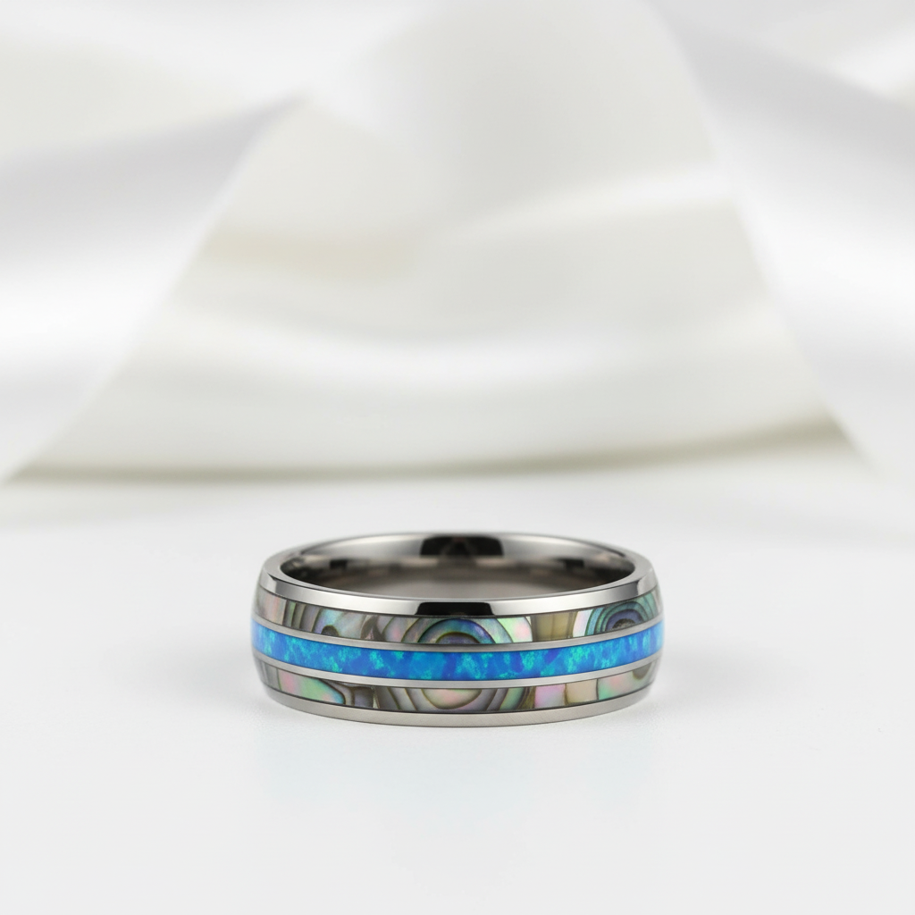 Blue Opal Men's Tungsten Carbide Wedding Band-Black Diamonds New York
