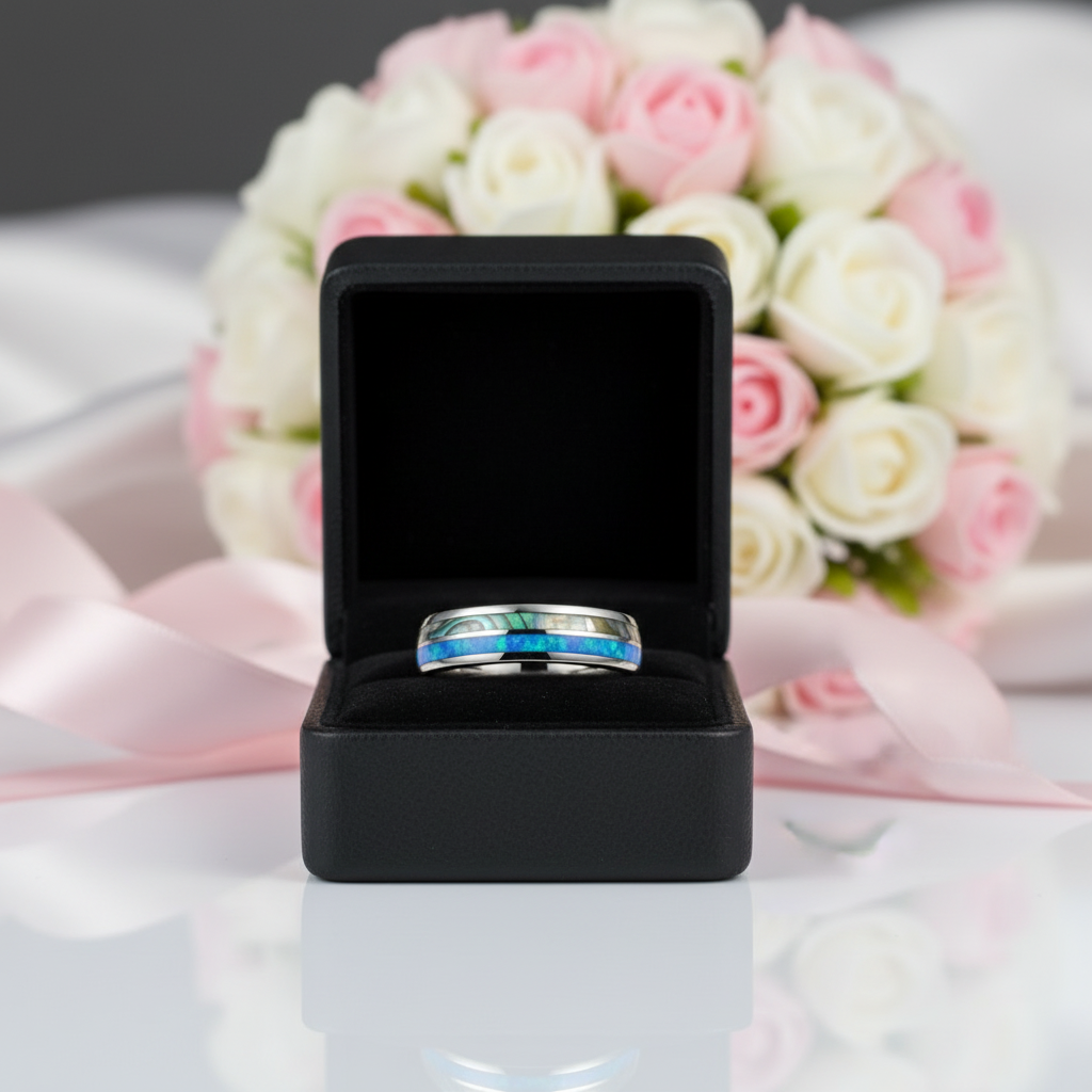 Blue Opal Men's Tungsten Carbide Wedding Band-Black Diamonds New York