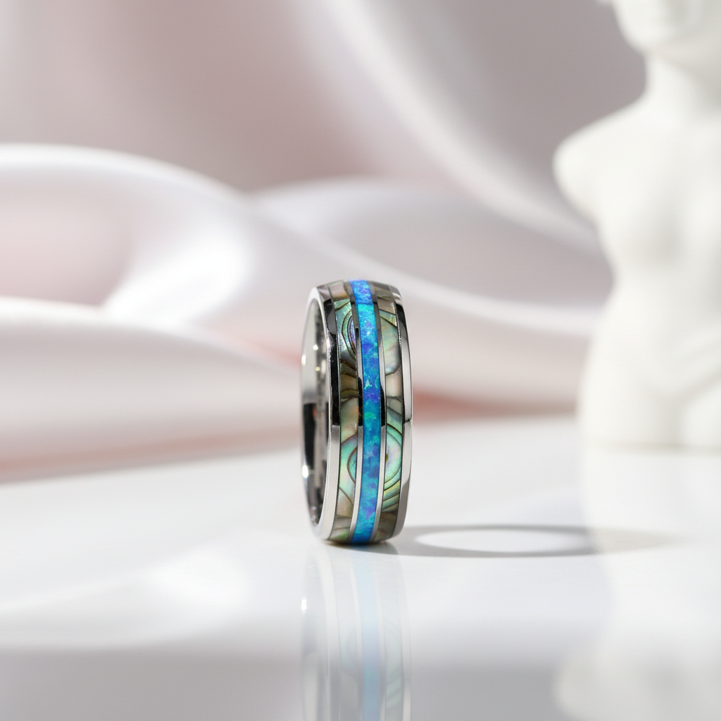 Blue Opal Men's Tungsten Carbide Wedding Band-Black Diamonds New York