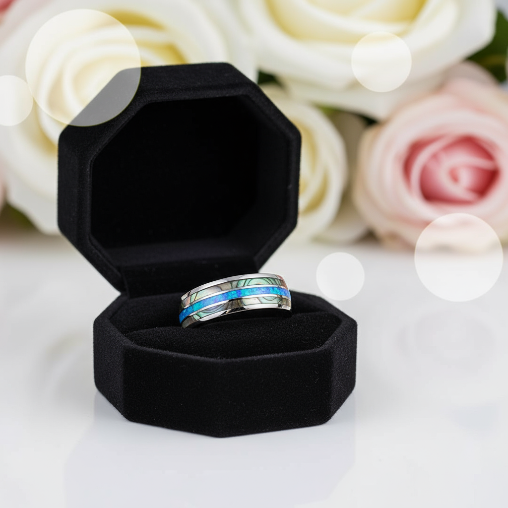 Blue Opal Men's Tungsten Carbide Wedding Band-Black Diamonds New York