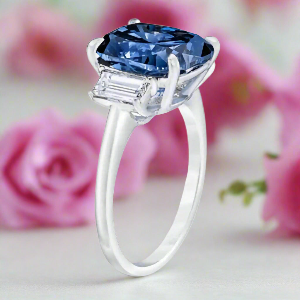 Blue Sapphire Cushion Cut Three Stone Engagement Ring-Black Diamonds New York