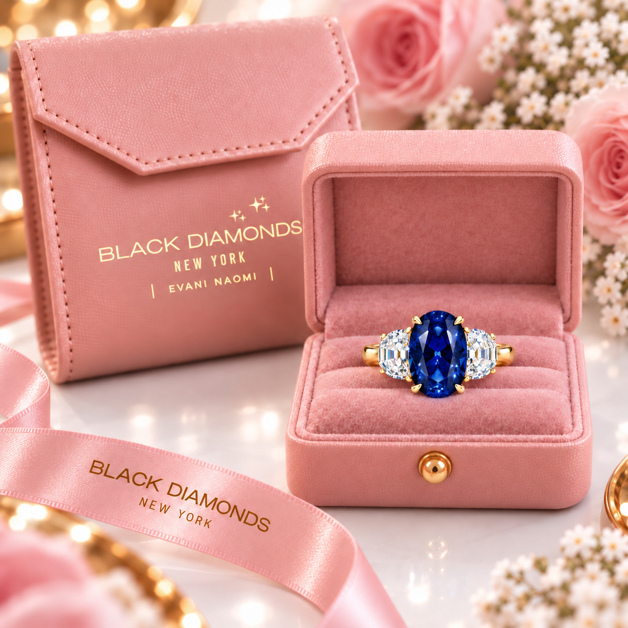 3.5ct Three Stone Blue Sapphire Oval Cut Yellow Gold Engagement Ring-Black Diamonds New York