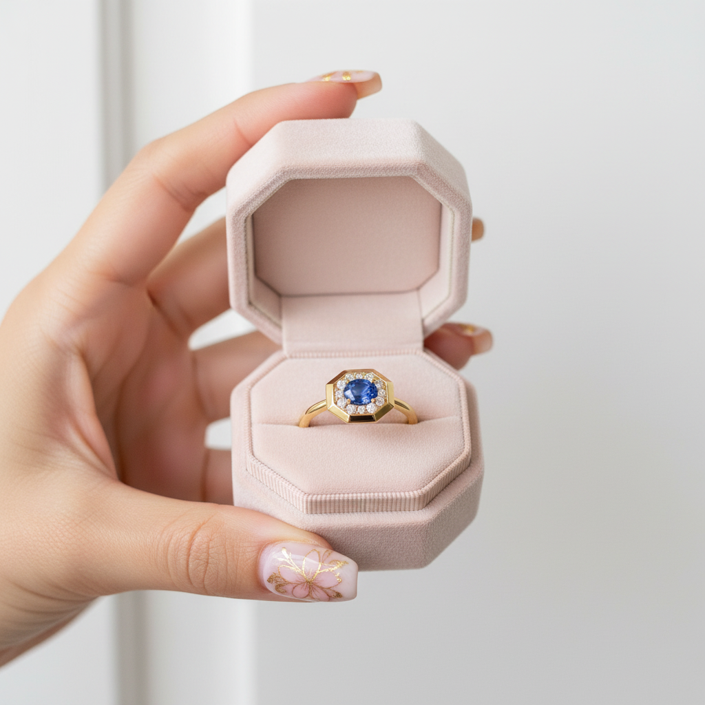 A hand with floral nail art holds an open pale pink ring box containing a gold ring with a round blue gemstone and small clear accent stones, against a soft light gray background.