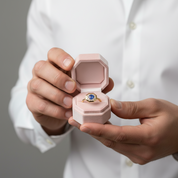A close-up of a person in a white shirt holding an open light pink jewelry box that displays a gold ring with a round blue gemstone, set against a neutral gray background.