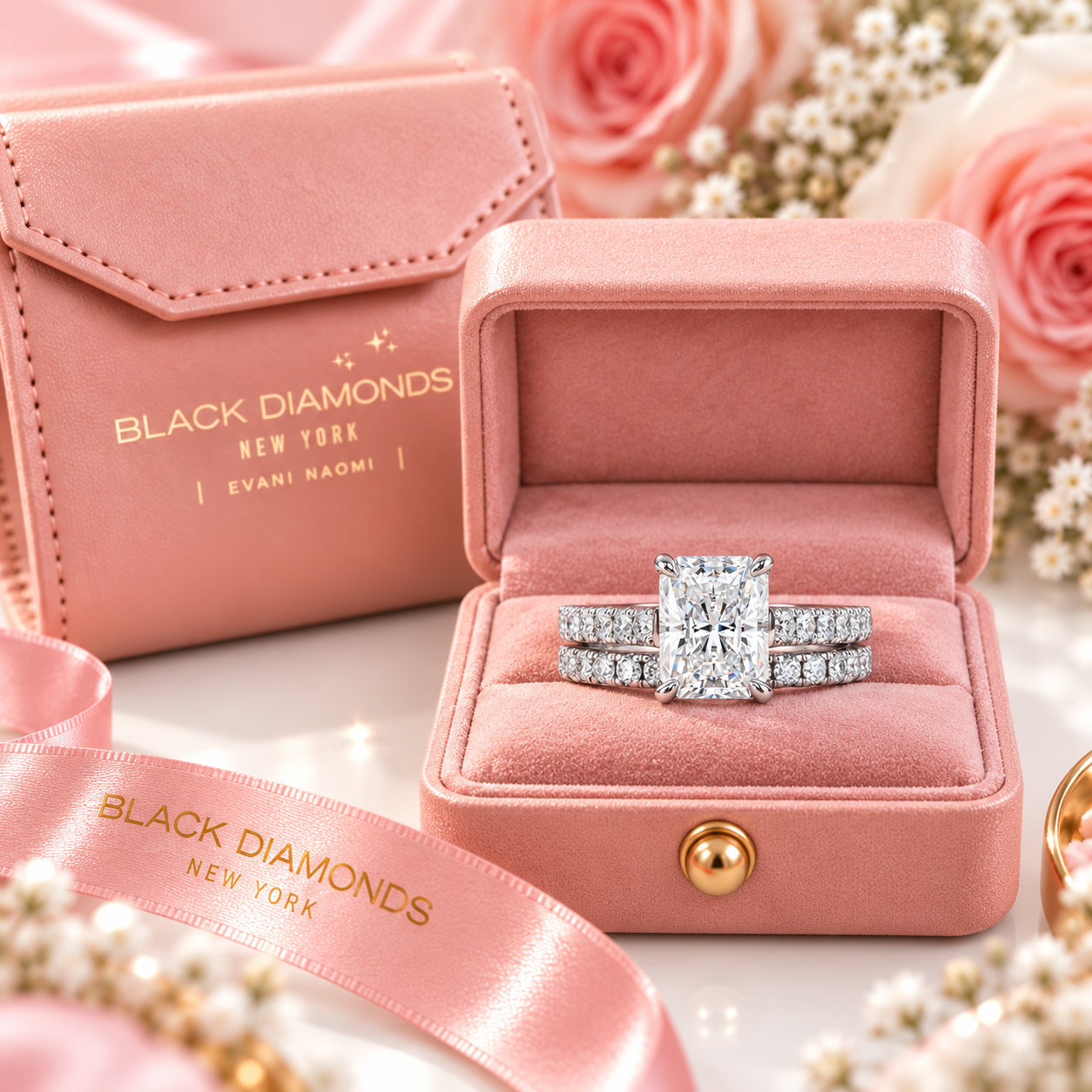 3ct Radiant Cut Diamond Option Bridal Ring Set-Black Diamonds New York