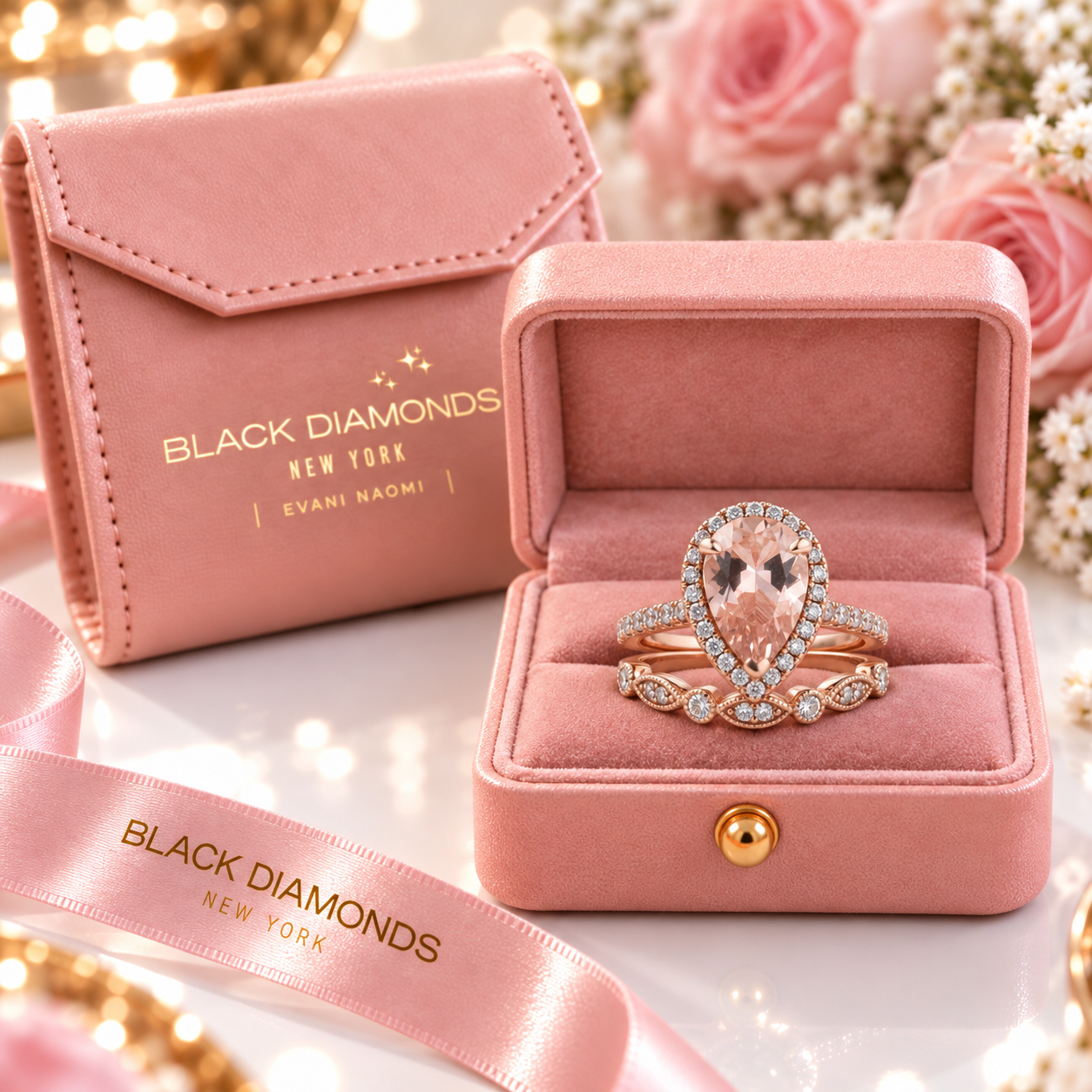 Rose Gold Halo 3.0ct Pear Cut Peachy Pink Stone Wedding Set-Black Diamonds New York