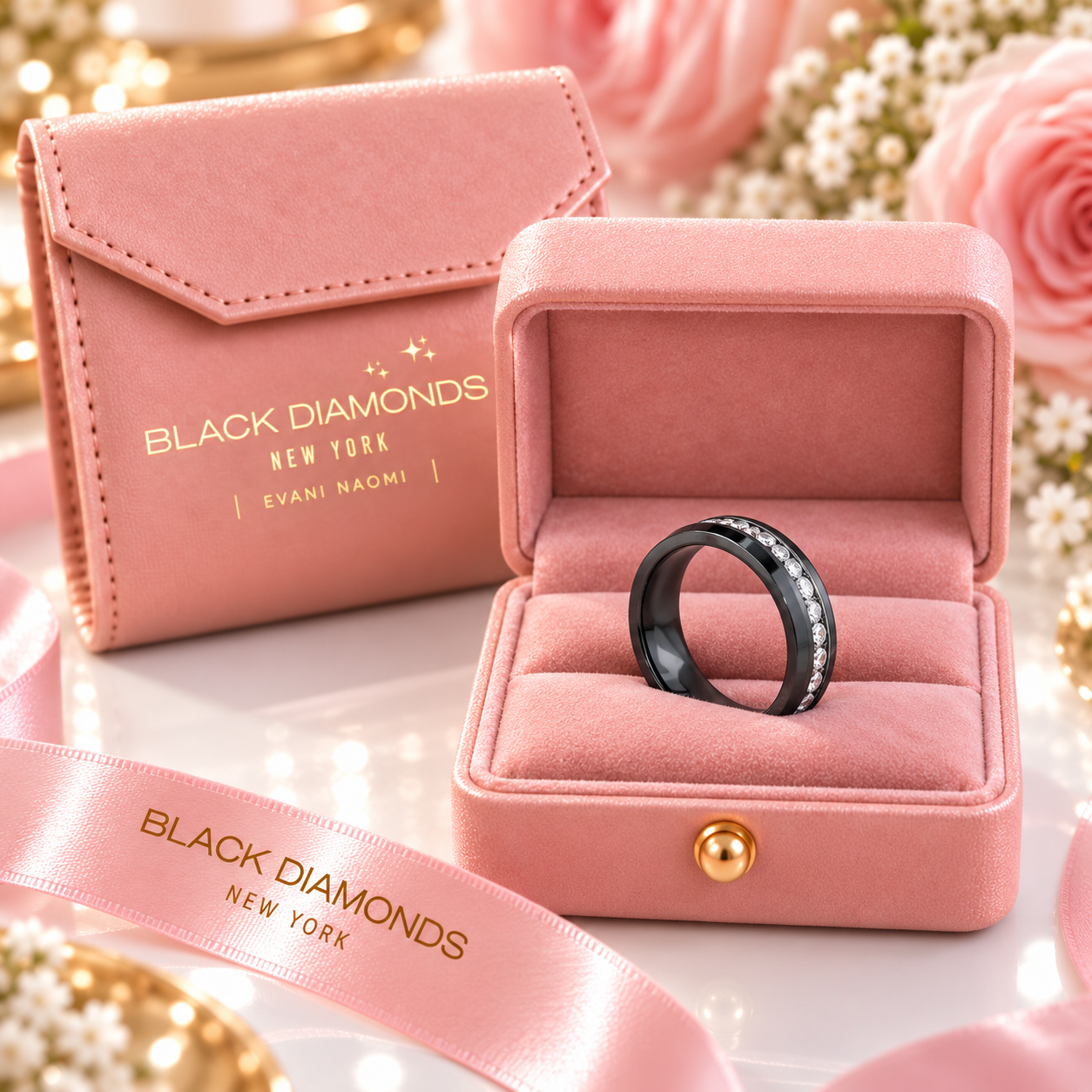 A black ring with small clear stones set along the band, displayed inside an open pink velvet jewelry box. A matching pink envelope-style box and pink ribbon printed with the brand name BLACK DIAMONDS NEW YORK are also shown on a softly styled floral background.