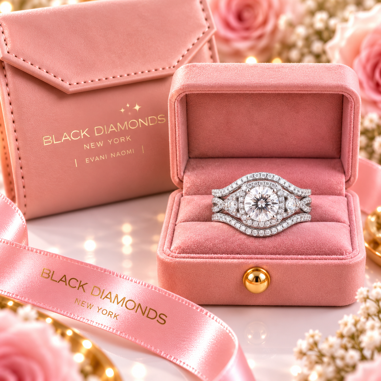 3 Piece Round Cut Diamond Option Engagement Ring Set-Black Diamonds New York