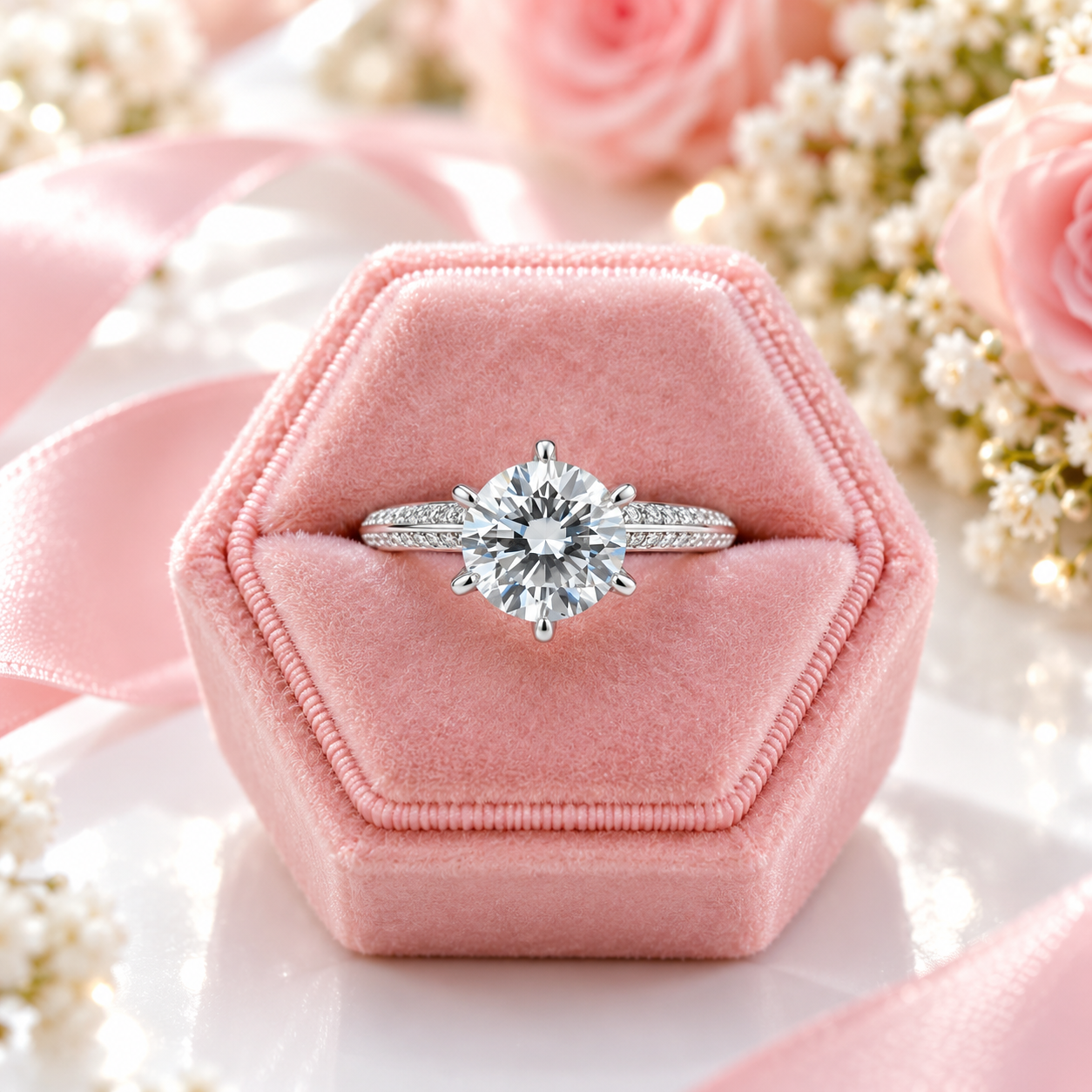 A round-cut diamond solitaire ring with a silver-toned pavé band, displayed on a pink velvet hexagonal ring box with pink satin ribbon and soft pink roses in the background.