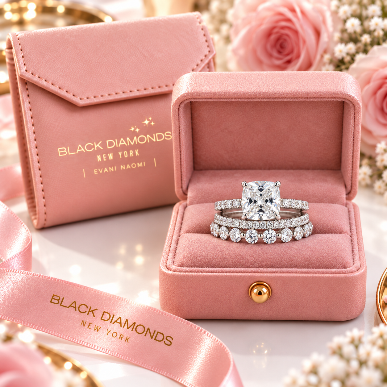 Diamond Option Cushion Cut 3-Pcs Wedding Ring-Black Diamonds New York