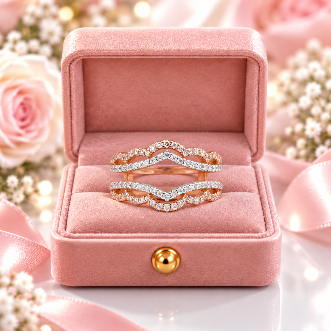 Two rose gold rings with pavé-set clear stones are displayed in an open pink velvet ring box, surrounded by soft pink roses and white baby's breath flowers.