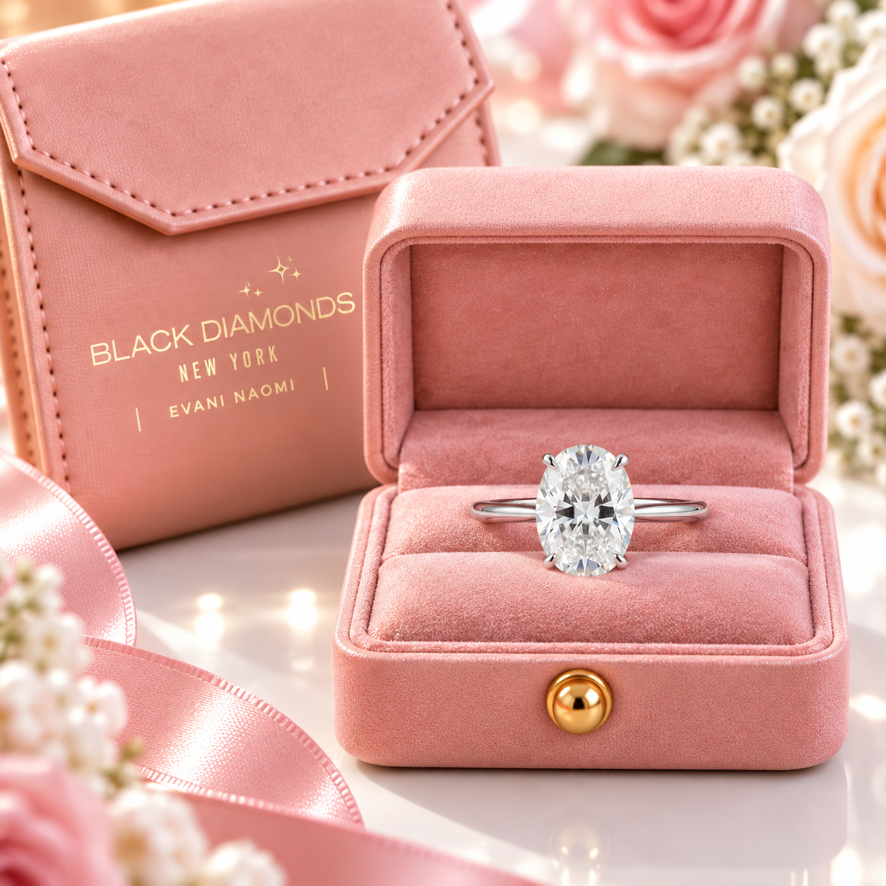 A silver ring with a large round clear gemstone is displayed in an open pink velvet jewelry box, with a matching pink envelope-style box behind it and soft floral props around the scene.