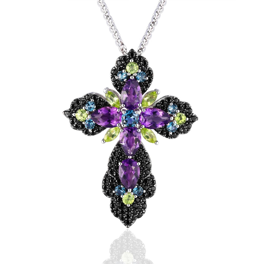 Bohemian Multicolor Gemstones Cross Necklace-Black Diamonds New York
