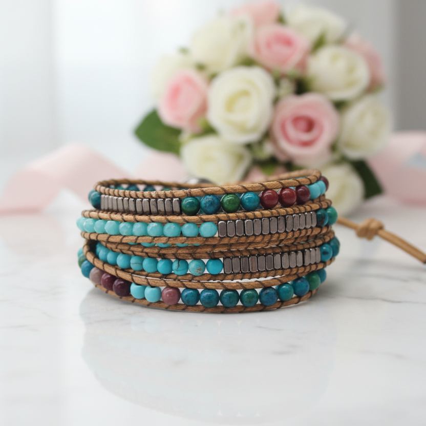 Natural Boho-chic Stone Beadwork 5-Wrap Bracelet-Black Diamonds New York