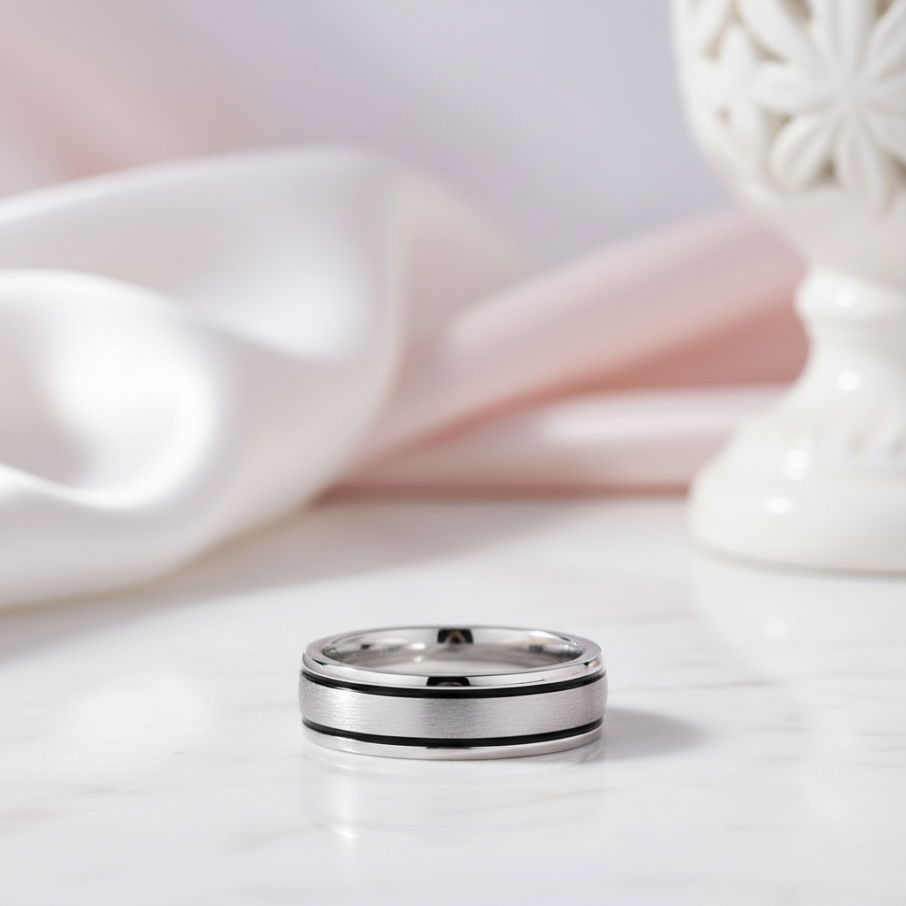 Brush-polished Men's Wedding Band with Black Enamel Lining-Black Diamonds New York