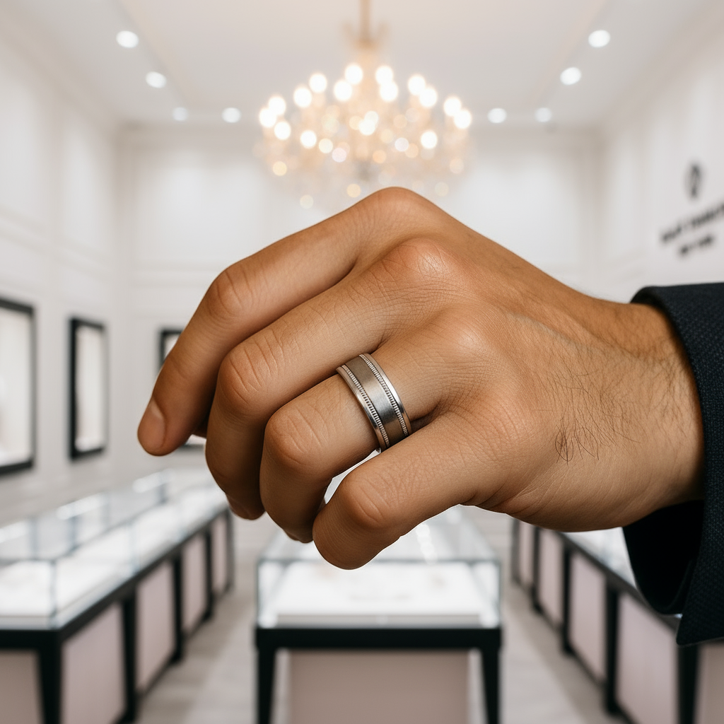 Brushed Hammer Pure Titanium Wedding Band with Germanium Stone Inlay-Black Diamonds New York