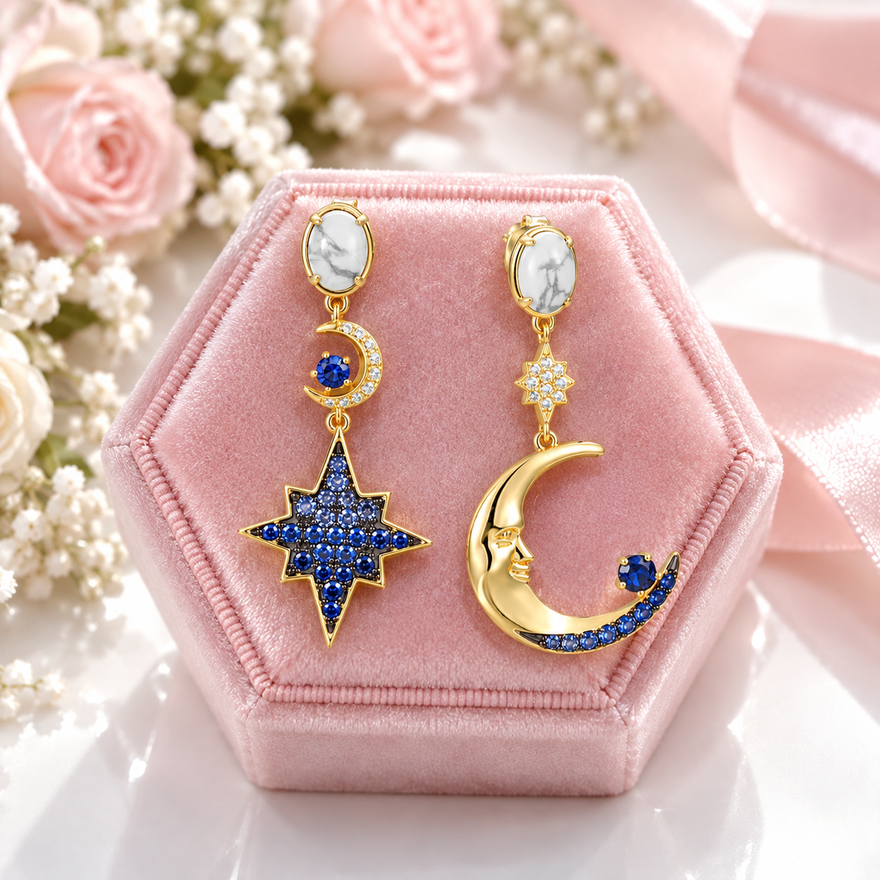 Celestial Moon & Star Diamond Alternative Drop Earrings-Black Diamonds New York