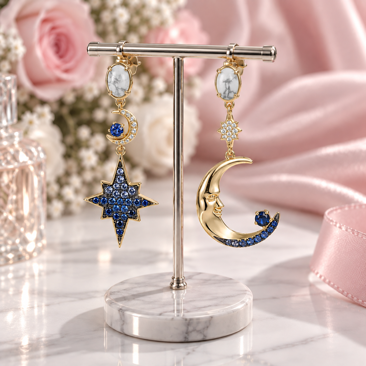 Celestial Moon & Star Diamond Alternative Drop Earrings-Black Diamonds New York