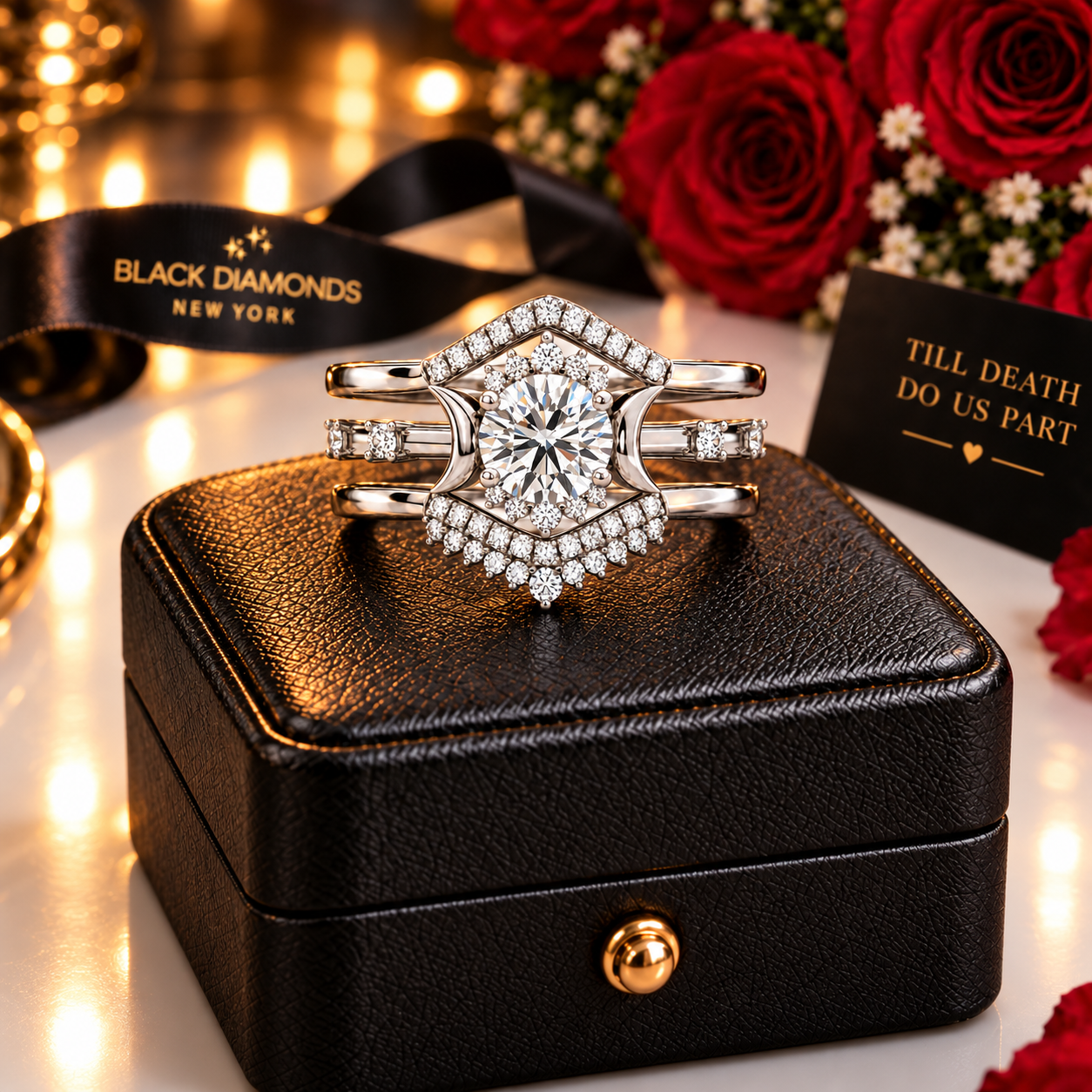 Full Moon- Radiant Celestial Moon Round Diamond Option Gothic Engagement Ring-Black Diamonds New York