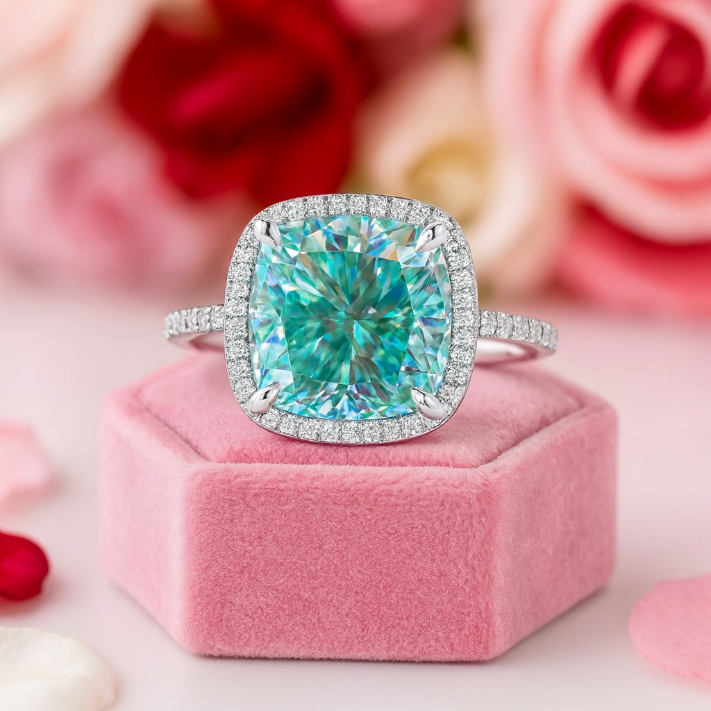 Exquisite Halo Cushion Cut Cyan Blue Diamond Engagement Ring-Black Diamonds New York