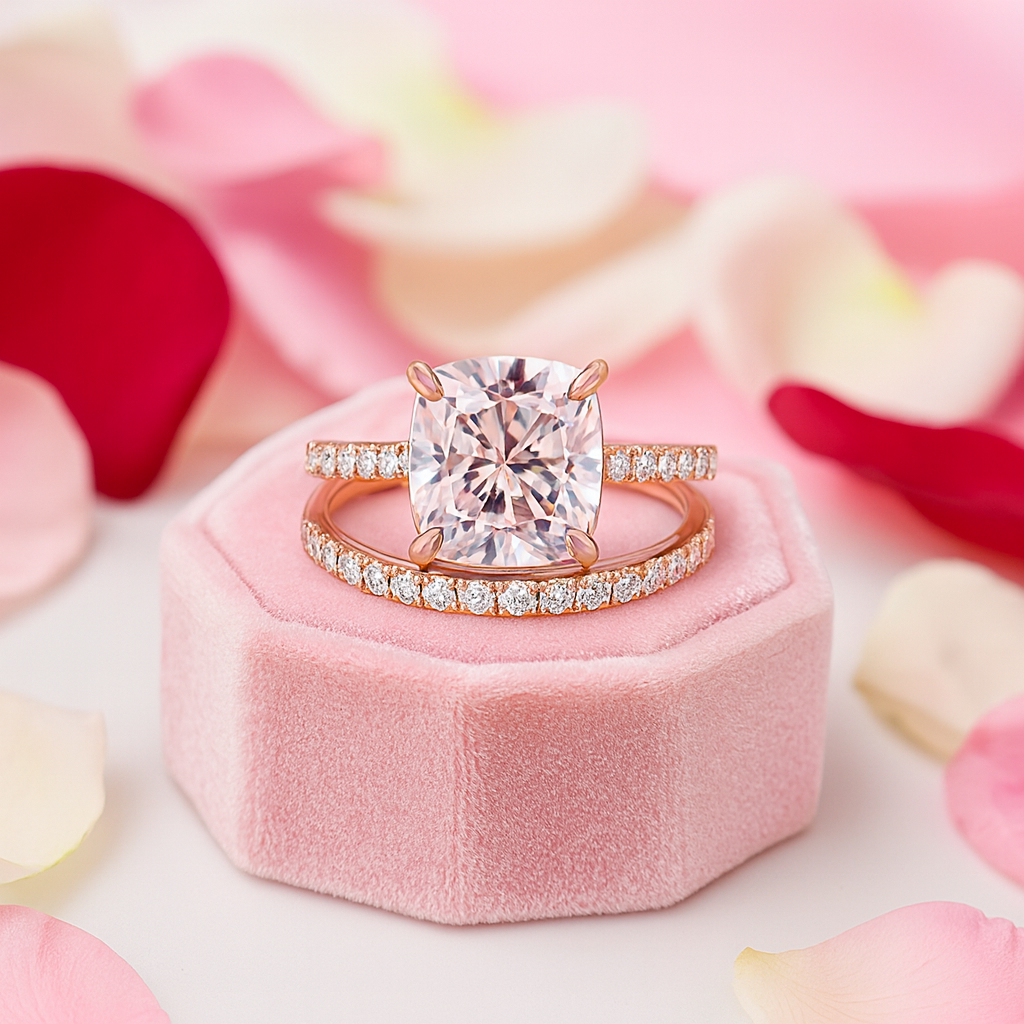 3.0ct Cushion Cut Rose Gold Clear Sapphire Wedding Ring Set-Black Diamonds New York