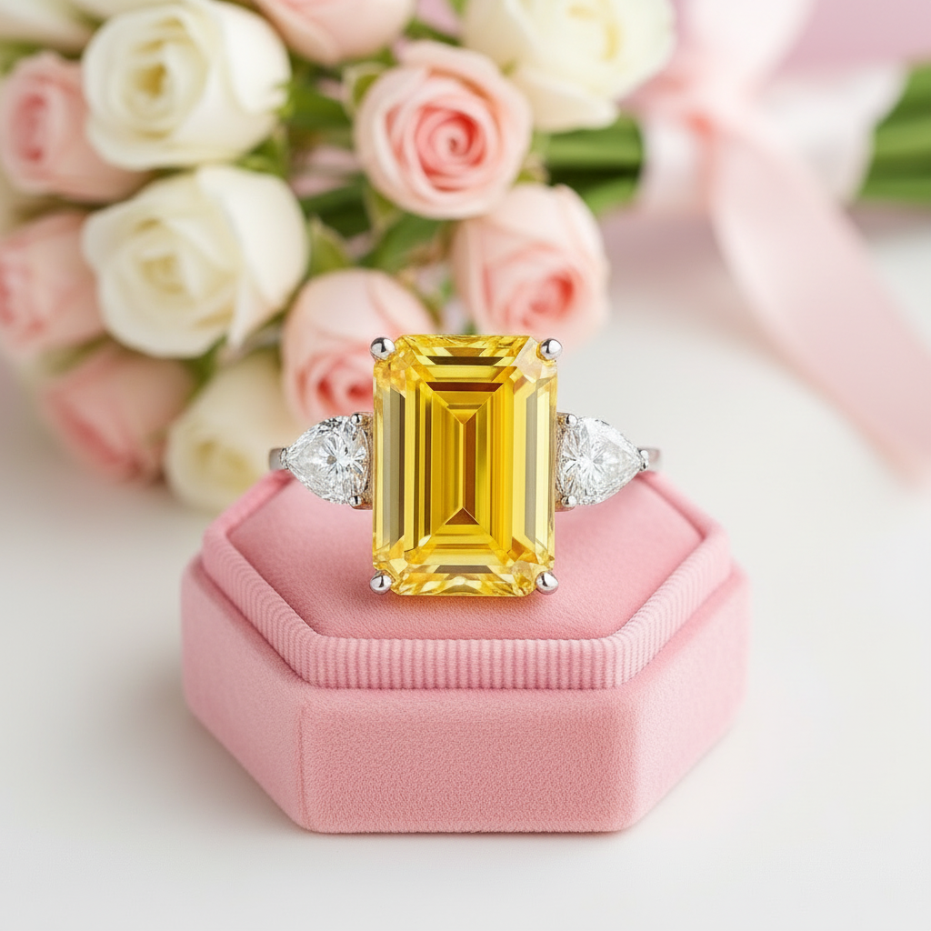 Yellow Sapphire 4.0ct Emerald Cut Three Stone Engagement Ring-Black Diamonds New York